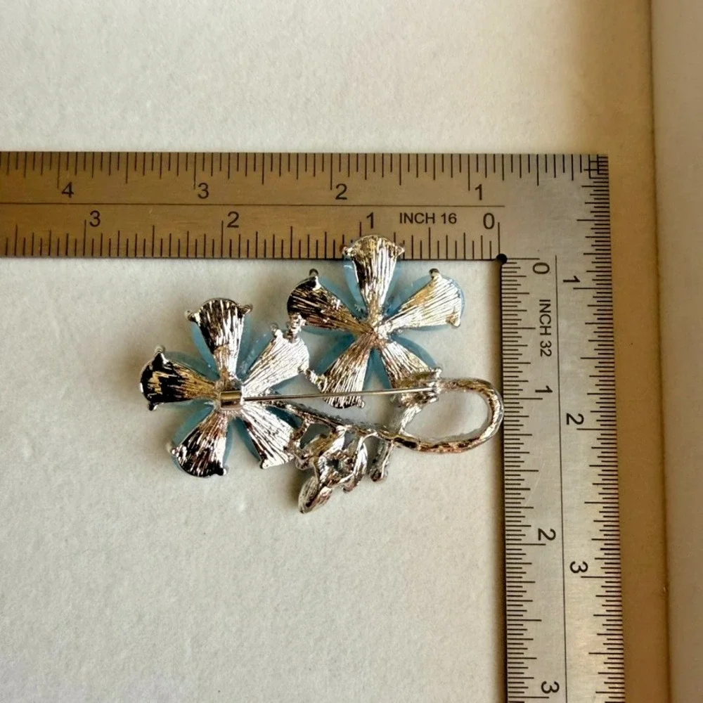 Blue Flowers Brooch Rhinestone Floral Silver Tone Double Blossom Statement Pin